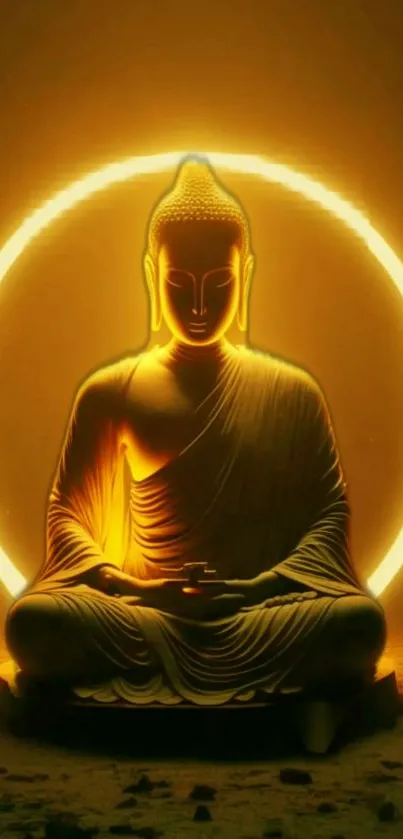 Serene illuminated Buddha with glowing circles in amber hues on mobile wallpaper.