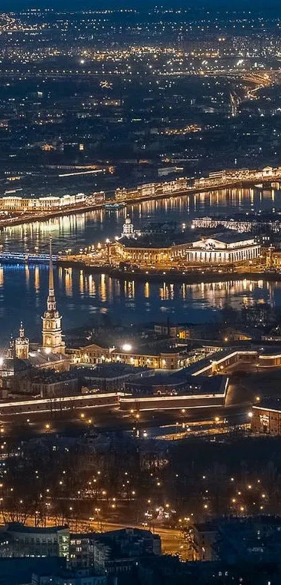 Illuminated cityscape with vibrant night lights and architectural beauty.