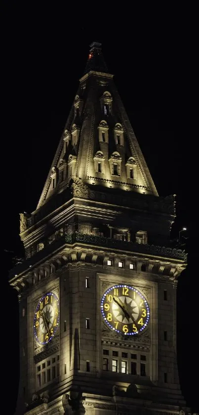 Illuminated clock tower against dark night sky.