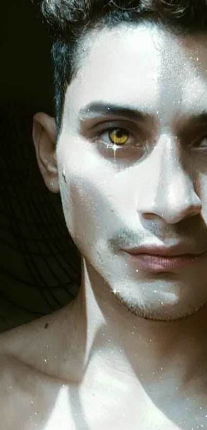 Portrait of a person with striking golden eyes and dramatic lighting.