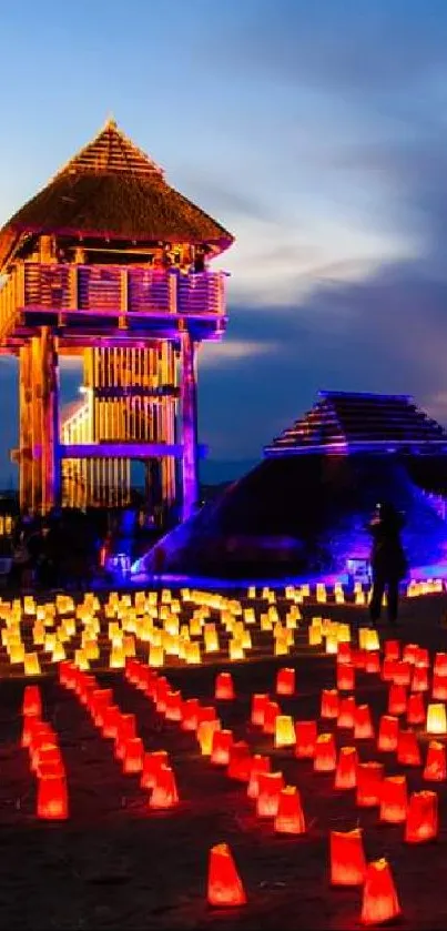 Night festival with glowing lanterns and rustic buildings.