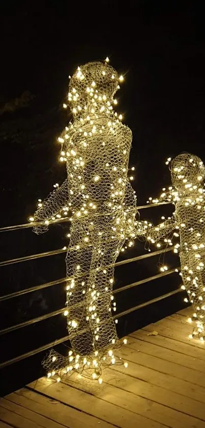 Two illuminated human-shaped sculptures with fairy lights on a night pier.