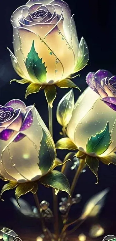 Illuminated glowing roses with green leaves wallpaper.