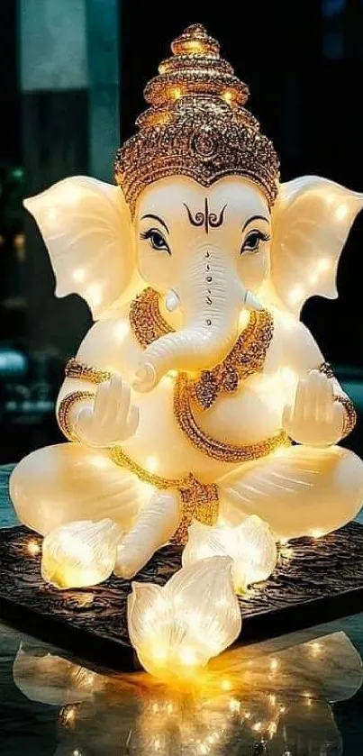 Illuminated statue of Ganesh with lights.