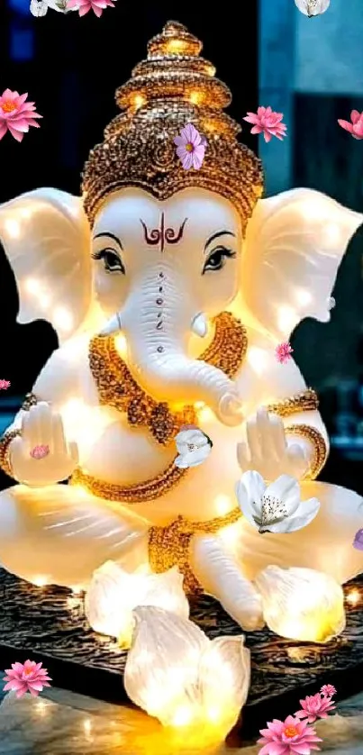 Illuminated Ganesha statue with lotus flowers on a mobile wallpaper.