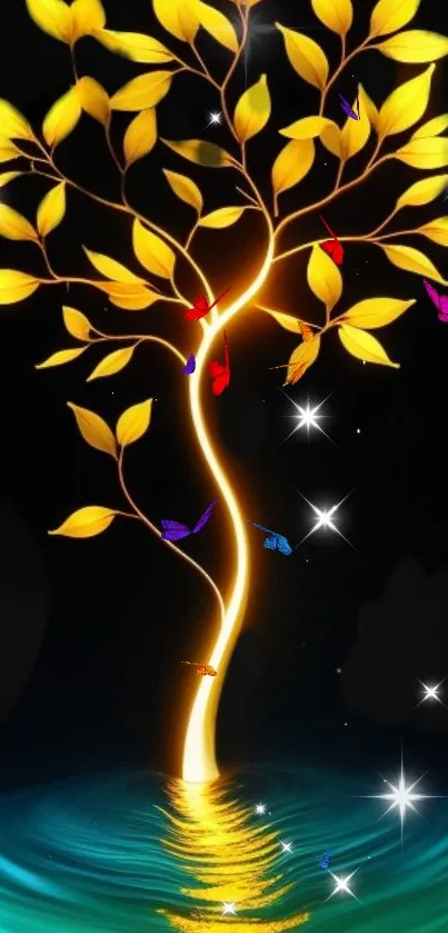 Golden tree with butterflies on a dark background.