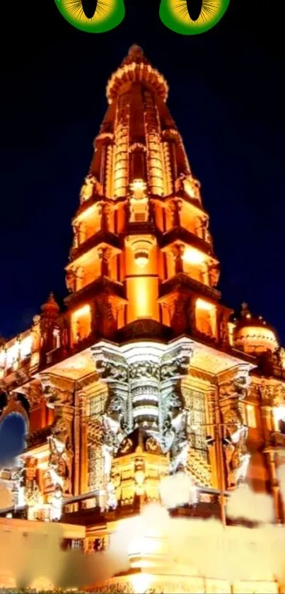 Illuminated Gothic tower glowing at night against a dark blue sky.