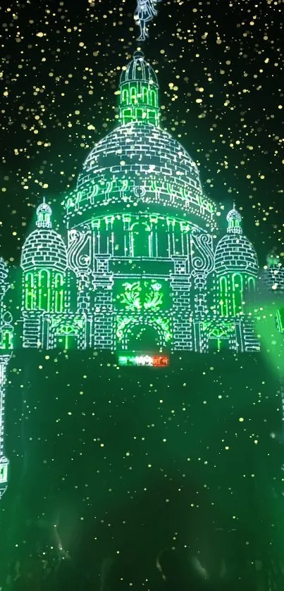 Green-lit architectural structure under a starry night sky.