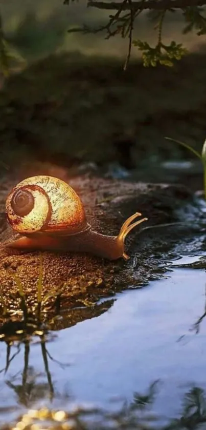 Illuminated snail on a waterbank during twilight.