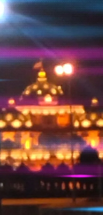 Night view of an illuminated temple glowing with vibrant lights.