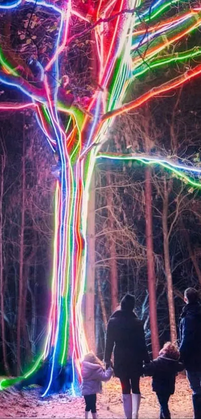 Illuminated tree with vibrant colors in a dark forest night scene.