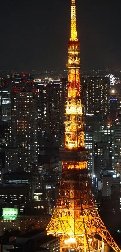 Illuminated Tokyo Tower at night with cityscape.