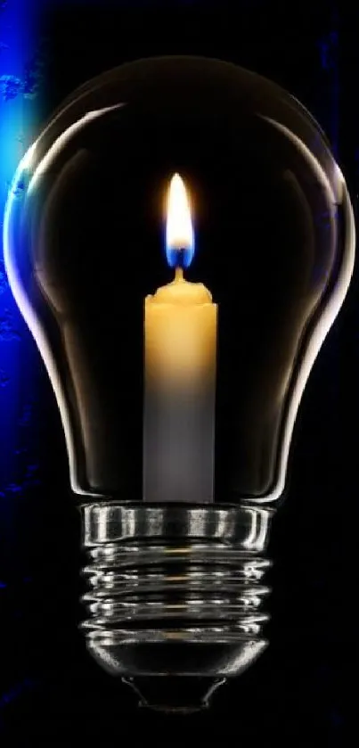 Lightbulb with candle against a dark background.