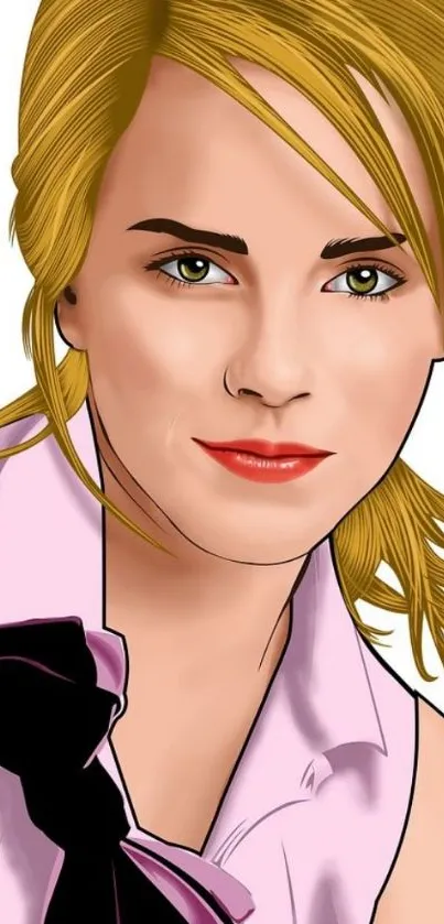 Illustrated portrait of a woman with golden blonde hair and a pink blouse.