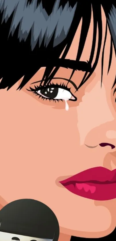 Stylized illustrated woman with bold red lips and black hair.