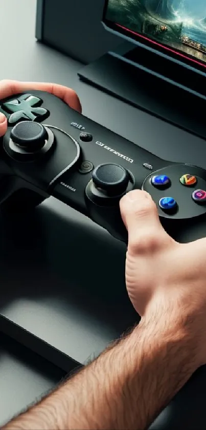 Hands gripping a game controller in front of a gaming screen.