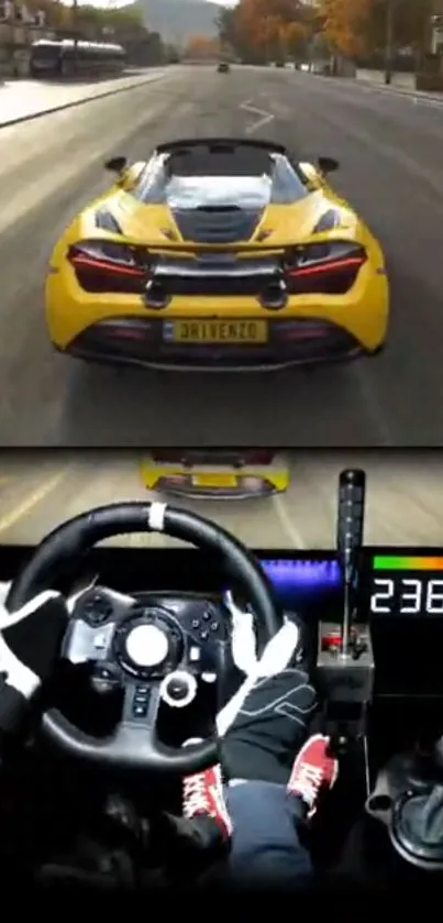 High-speed racing simulator with a yellow sports car.