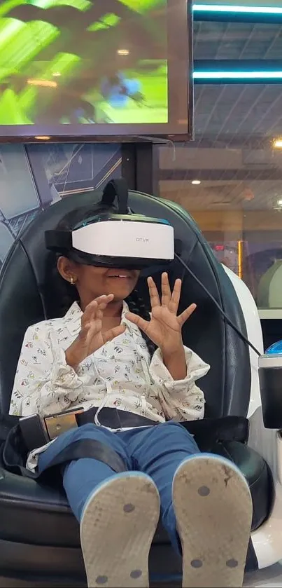 Child with VR headset immersed in virtual reality on a chair.