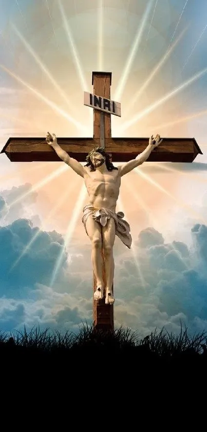 Wallpaper of Jesus on the cross with radiant clouds and light rays.