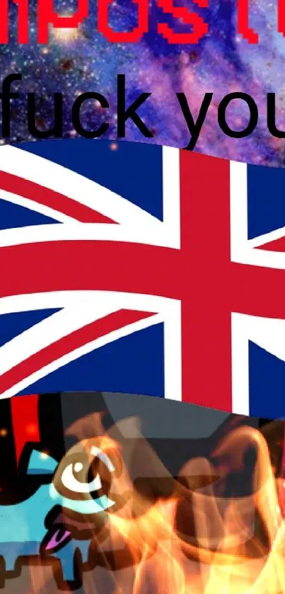 Impostor-themed wallpaper with Union Jack and space background.