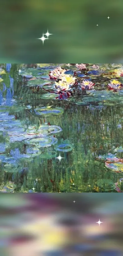 Impressionist water lilies pond wallpaper in serene greenery.