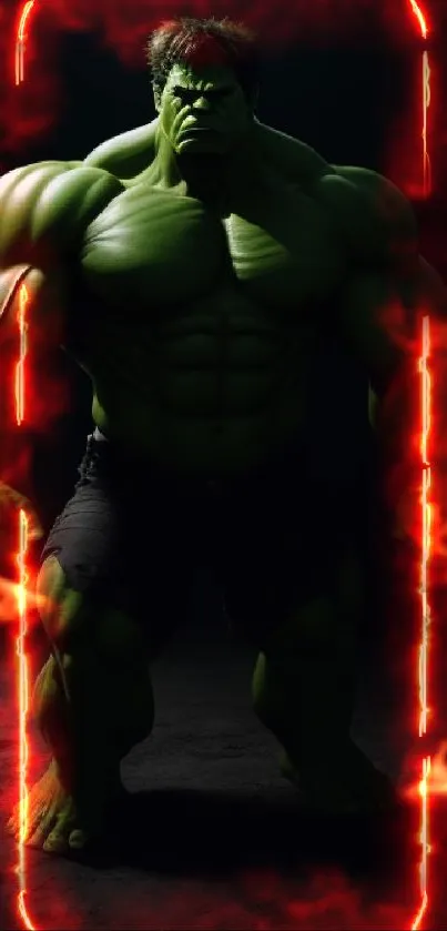 Muscular green superhero standing in dark, powerful pose.