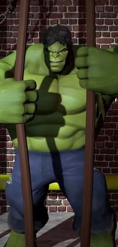 Green superhero breaking out of a metal cage against a brick wall background.