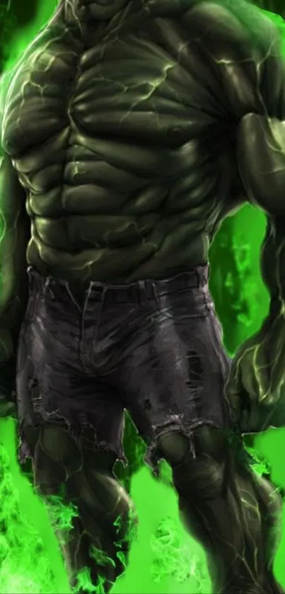 Green muscular figure with torn pants, vibrant background.