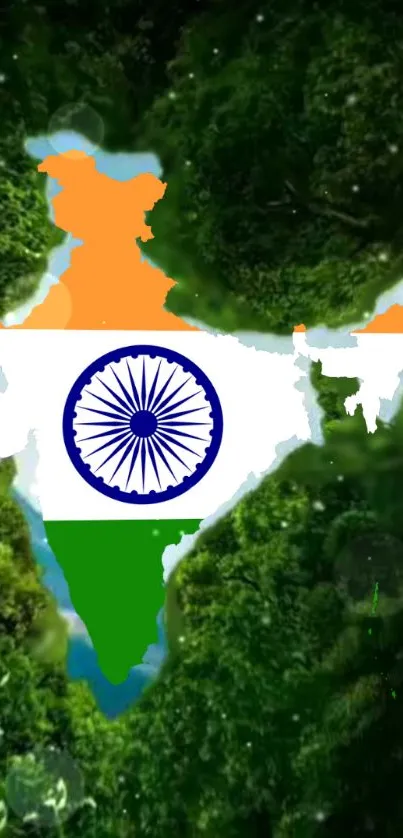 India flag with nature wallpaper in lush forest setting.