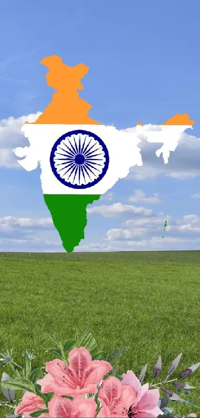 India flag superimposed over a natural landscape with flowers.