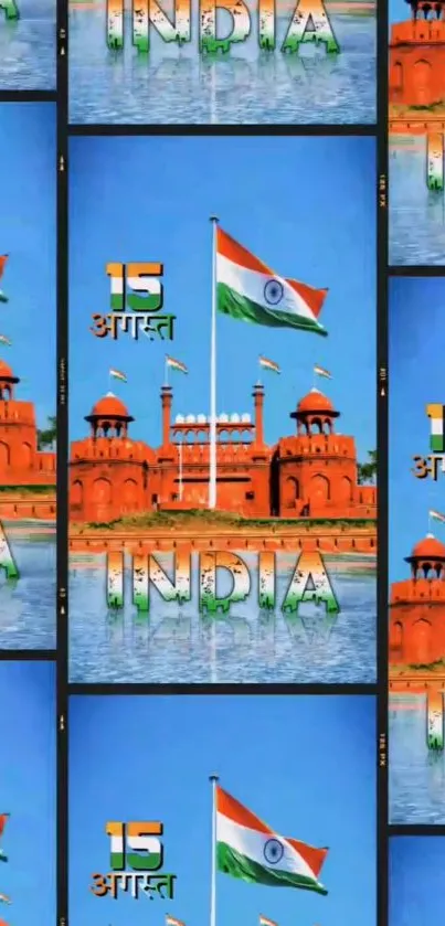 Vibrant wallpaper of India's Independence Day with Red Fort and tricolors.