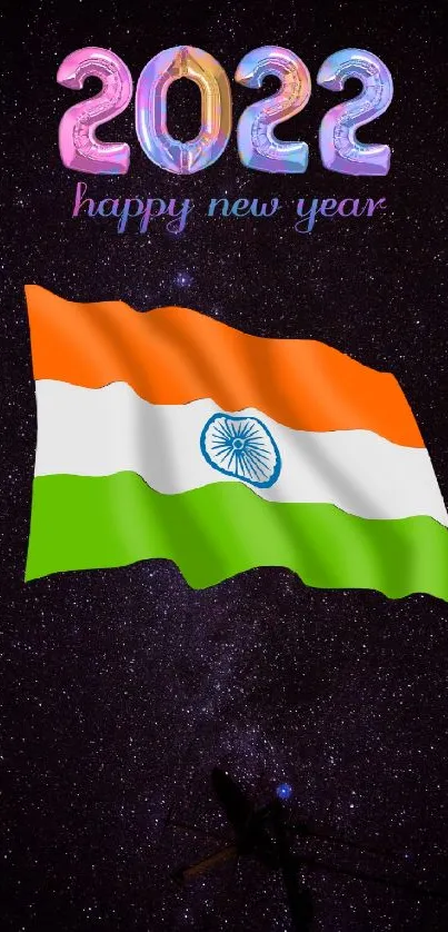 Indian flag under a starry sky for 2022 New Year celebration.