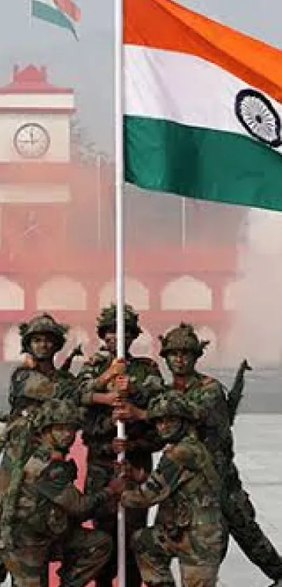 Indian armed forces with national flag displayed in wallpaper.