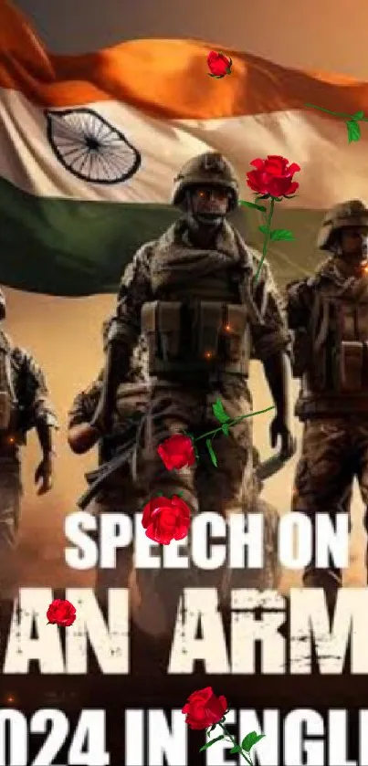 Indian Army soldiers standing with flag and roses overlay.