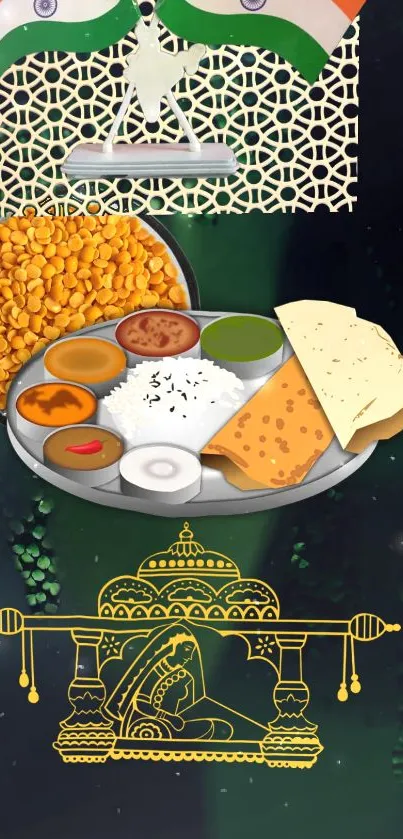 Indian cuisine and cultural motifs wallpaper with food platter.