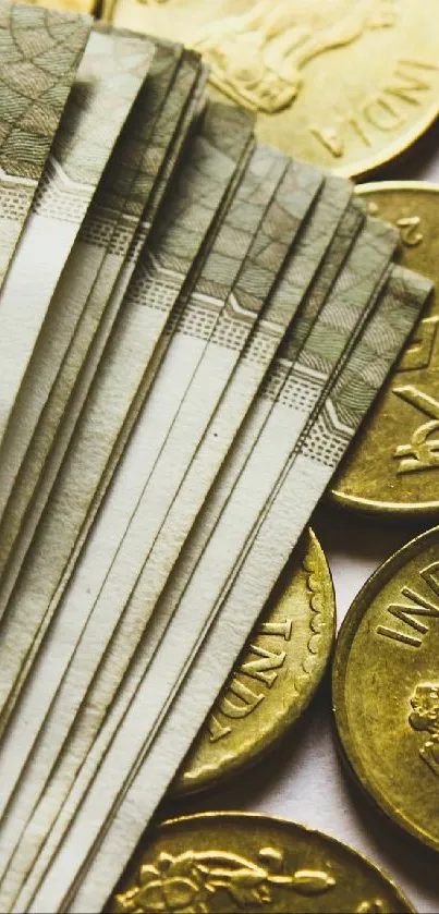 Close-up of Indian currency notes and coins highlighting details.