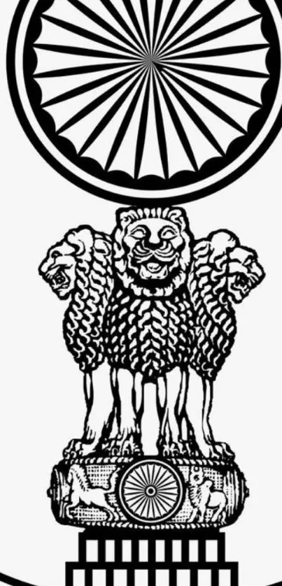 Monochrome Indian emblem with Ashoka Chakra design.