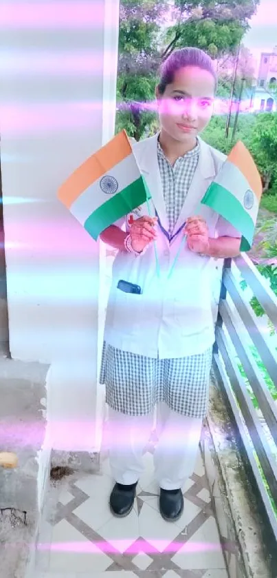 Person holding Indian flags on a balcony.