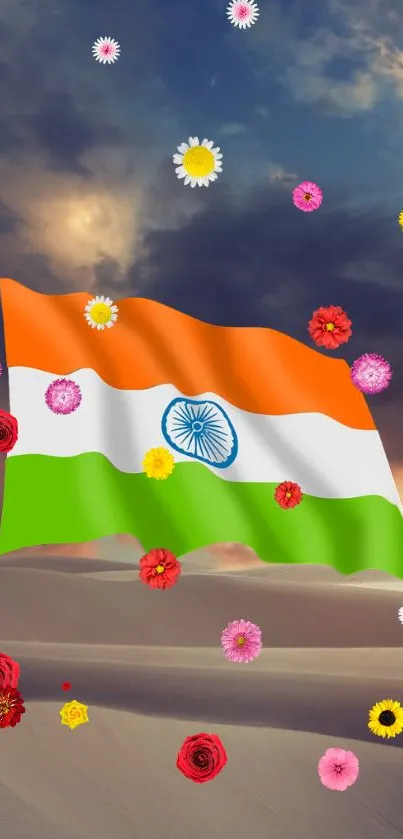 Indian flag against a desert sky with colorful flowers.