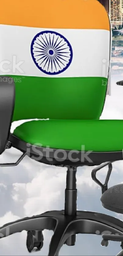 Chair with Indian flag design in front of a city skyline.