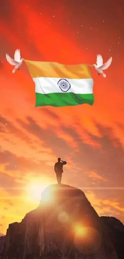 Indian flag with doves at sunset over a mountain.