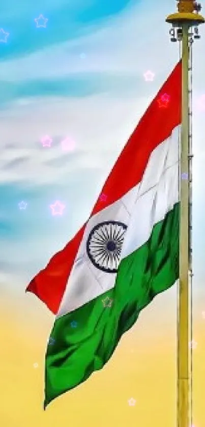 Waving Indian flag against a vibrant blue-yellow sky background.