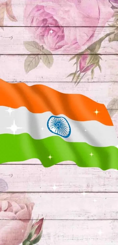 Indian flag with floral background on peach wood.