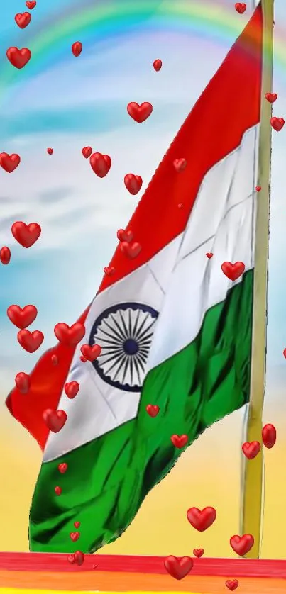 Indian flag with red hearts and rainbow sky.