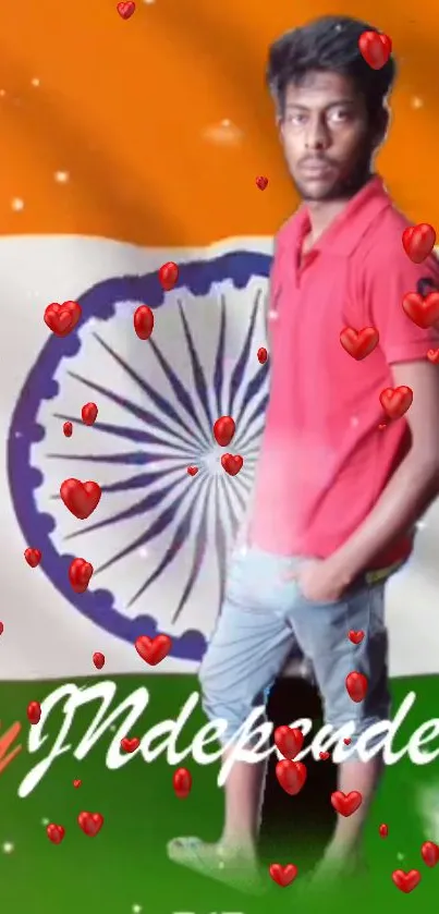 Indian flag with a person and hearts, celebrating Independence Day.