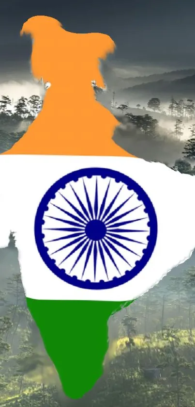 Indian flag map over misty forest wallpaper