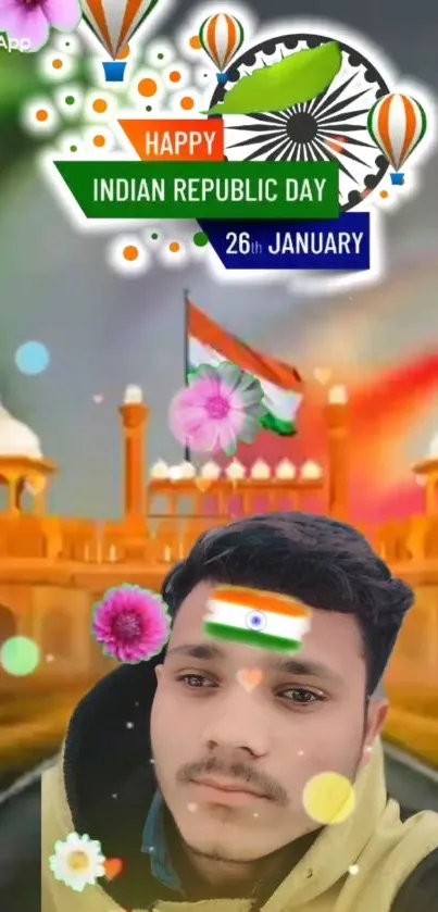 Vibrant wallpaper celebrating Indian Republic Day with patriotic colors and symbols.