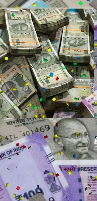 Stacks of Indian Rupee notes with confetti overlay.