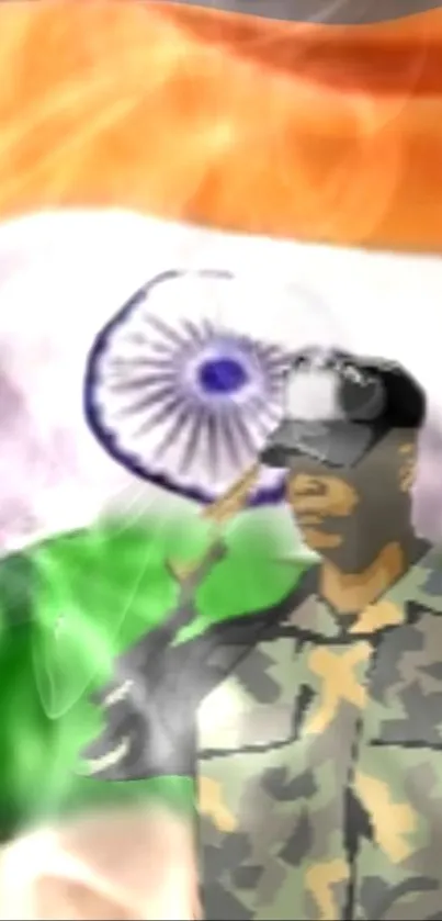 Soldier with Indian flag in background, symbolizing national pride.