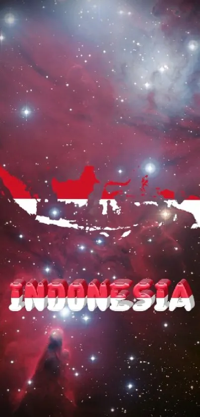 Indonesian map over red galaxy wallpaper with stars and nebula.